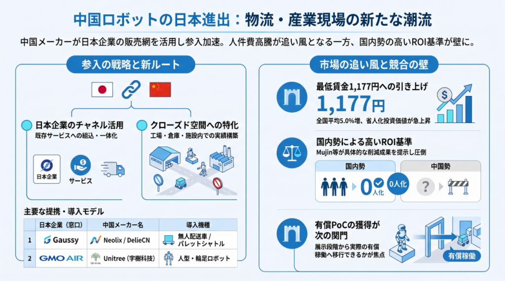 中国製ロボットの日本市場参入と物流・産業現場における導入課題を示す図
